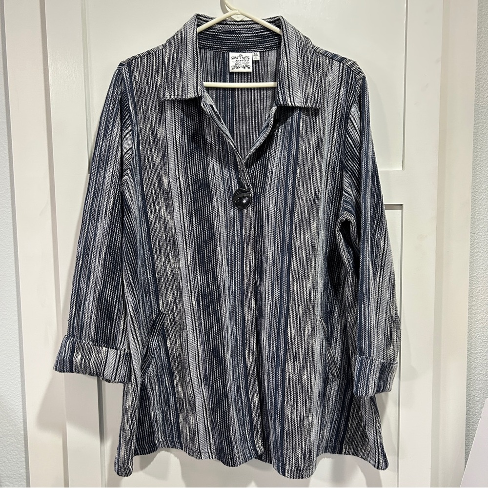 PARSLEY & SAGE size XL Navy Blue Textured Cotton Artsy Button Cardigan Lagenlook